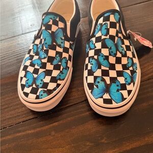 Women’s Van Slip-On Shoes with Blue Butterfly Design